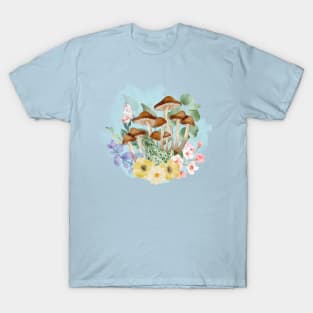 Watercolor Mushroom and Frog Botanical Graphic Tee T-Shirt